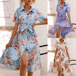 Women Casual Floral Print Midi Shirt Dress Short Sleeve Lapel Button Up Tie Waist Summer Vacation Polyester Cotton Dress
