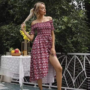 Floral off-shoulder midi dress in red with shirred bodice and side slit for summer