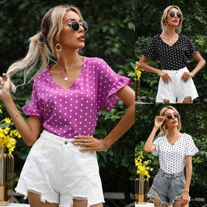 Damen Sommer Polka Dot V-Ausschnitt Kurzarm T-Shirt Rüschenmanschette Lässiges Top Pullover Elegante Streetwear Mode Kleidung