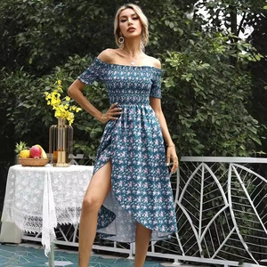 Floral off-shoulder midi dress with smocked bodice and high side slit in navy blue