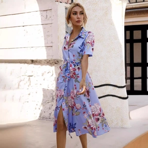 Short sleeve floral midi dress with button front and waist tie in light blue