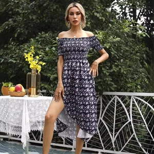 Navy floral off-shoulder summer dress with shirred waist and irregular split hem detail