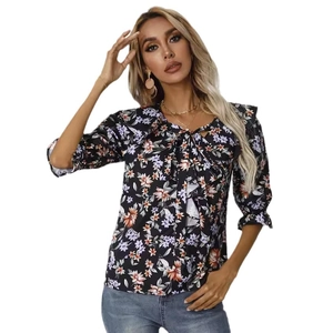 Camicetta floreale blu scuro con scollo a V da donna con maniche lunghe e ruches sul collo