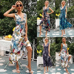 Summer Sexy V-Neck Sleeveless Floral Print Maxi Dress For Women Vacation Beach A-Line Drawstring High Waist Sundress