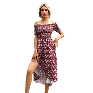 Floral off-shoulder summer dress with smocked bodice and high side slit in burgundy