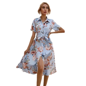 Short sleeve button-down floral print A-line midi shirt dress with matching waist tie