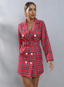 Detail of red plaid blazer dress with double-breasted white buttons and matching belt
