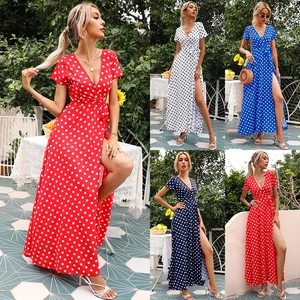 Damen Sommer Polka Dot V-Ausschnitt Wickelkleid Maxi Kurzarm Bindegürtel Hoher Schlitz Lässig Französisch Vintage Kleid