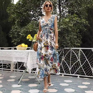 Floral print sleeveless maxi dress with deep V-neck and waist tie for summer vacation