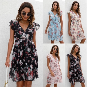 Robe en Mousseline Fleurie Col V Femmes Manche à Volants Taille à Nouer Plissée Été Boho Casual Streetwear Mini Robe de Fête