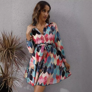 Chic autumn long sleeve shirt dress with colorful geometric diamond print and waist belt