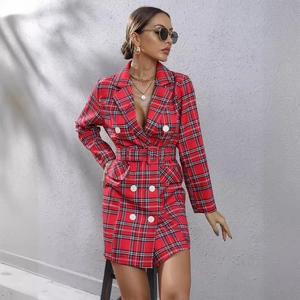 Elegant red houndstooth plaid blazer dress with long sleeves and a matching belt