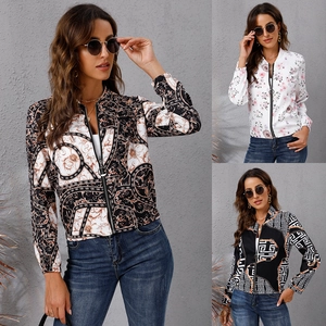 Women Fashion Print Bomber Jacket Stand Collar Zipper Long Sleeve Lightweight Slim Fit Outerwear Floral Baroque Pattern Jacket