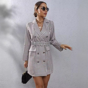 Houndstooth double-breasted blazer dress with notched lapel and waist belt for women