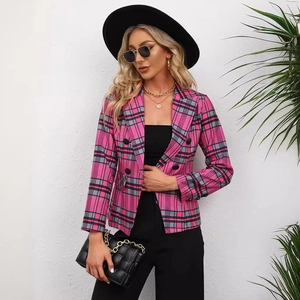 Women's pink and grey plaid blazer with notched lapel and double-breasted buttons
