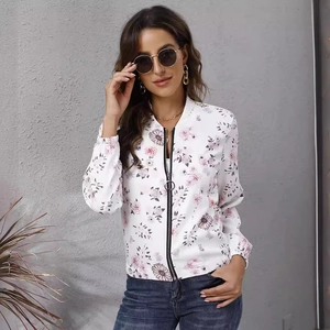 Women's floral print baseball jacket with metal zipper and ribbed cuffs in casual style