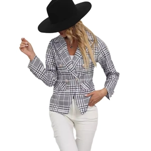Women's slim fit plaid blazer with double-breasted metal buttons and notch lapel design
