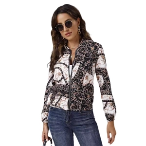 Women's autumn zip-up jacket with black and white baroque floral patterns and metal zipper