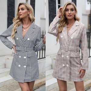 Robe Blazer à Carreaux Double Boutonnage pour Femme Avec Ceinture Manches Longues Revers Robe Courte Trapèze Pied-de-poule
