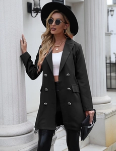 Close-up of black mid-length double-breasted blazer with elegant lace hem detailing