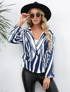 Detail of blue and white striped blazer with double-breasted metal buttons and V-neckline