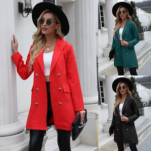 Women Mid-Length Double Breasted Blazer Coat With Lace Hem Patchwork Silver Buttons Solid Color Slim Fit Office Fashion Outerwear