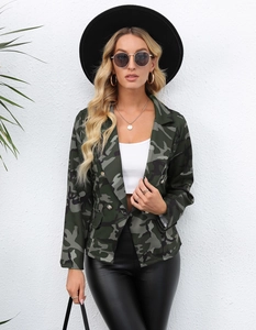 Detail of double-breasted camouflage blazer with notched lapels and metallic buttons