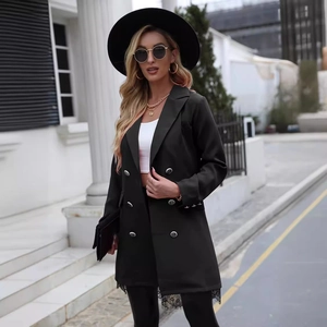 Women black double-breasted blazer coat with lace hem and silver metal buttons