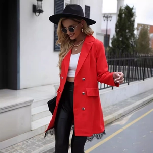Women's red mid-length blazer with double-breasted buttons and black lace hem trim
