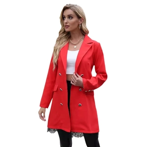Women's red double-breasted long blazer jacket with elegant black lace hem details