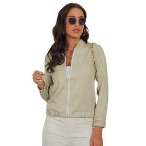 Women's metallic glitter bomber jacket with front zipper and elastic ribbed cuffs