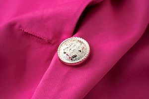 Macro shot of an elegant gold metal button with an embossed crest on a pink dress