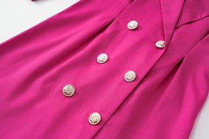 Detail of magenta dress showing double-breasted gold embossed crest buttons and satin fabric
