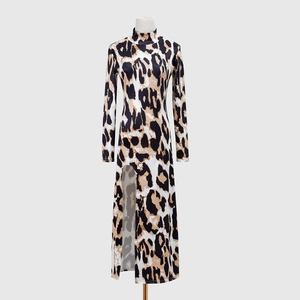 Detailed side view of high slit and mock neck tailoring on leopard print maxi dress