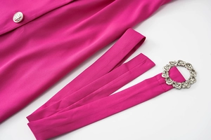 Close-up of fuchsia blazer dress with rhinestone buckle belt and embossed silver buttons