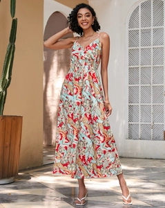 Détails de la robe bohème à imprimé floral avec col en V et taille haute élastique