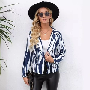 Women's slim fit navy and white striped double-breasted blazer for office and casual wear
