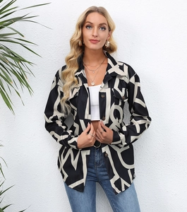 Detail of lapel collar and flap pockets on black and white graphic print shirt jacket