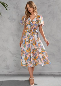 Floral midi dress featuring a V-neck, ruffle short sleeves, and a belted tiered skirt