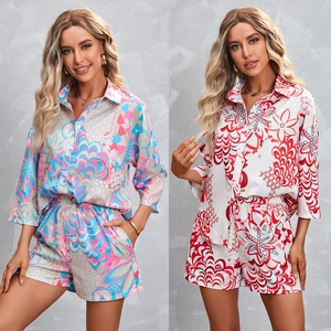 Women Casual Floral Print Shirt And Shorts Outfit Lapel Button Down Top And Elastic Waist Short Pants Vacation Streetwear