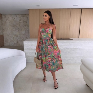 Floral print midi dress with sweetheart neckline and tie straps in dark green