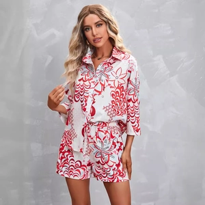 Women's two-piece casual set featuring red floral print shirt and high waist shorts