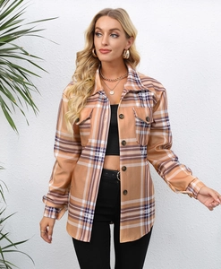 Detail of checkered plaid shirt jacket with buttons and flap chest pockets