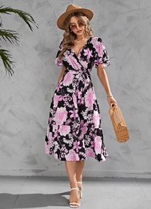 Detail view of the elegant V-neck floral wrap dress with a multi-layered tiered skirt