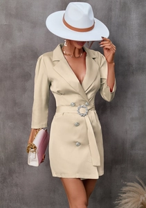 Chic beige wrap dress featuring a rhinestone buckle belt and tailored double-breasted buttons