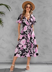 Detail of floral V-neck midi dress with ruffled sleeves and adjustable waist tie