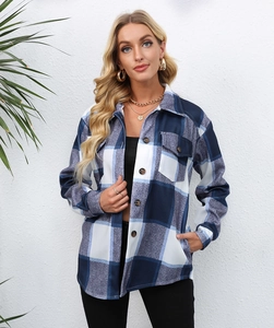 Detail of blue and white plaid shirt jacket with buttons, chest pocket and lapel collar