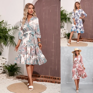 Women Bohemian Paisley Print V Neck Midi Dress Three Quarter Sleeve Tie Waist Tiered Skirt Elegant Summer Vacation Dress