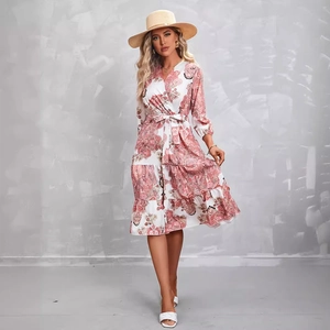 Summer V-neck paisley print midi dress with long sleeves and matching waist tie belt