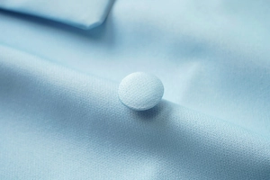 Vue détaillée d'un blazer bleu clair avec un bouton recouvert de tissu haut de gamme